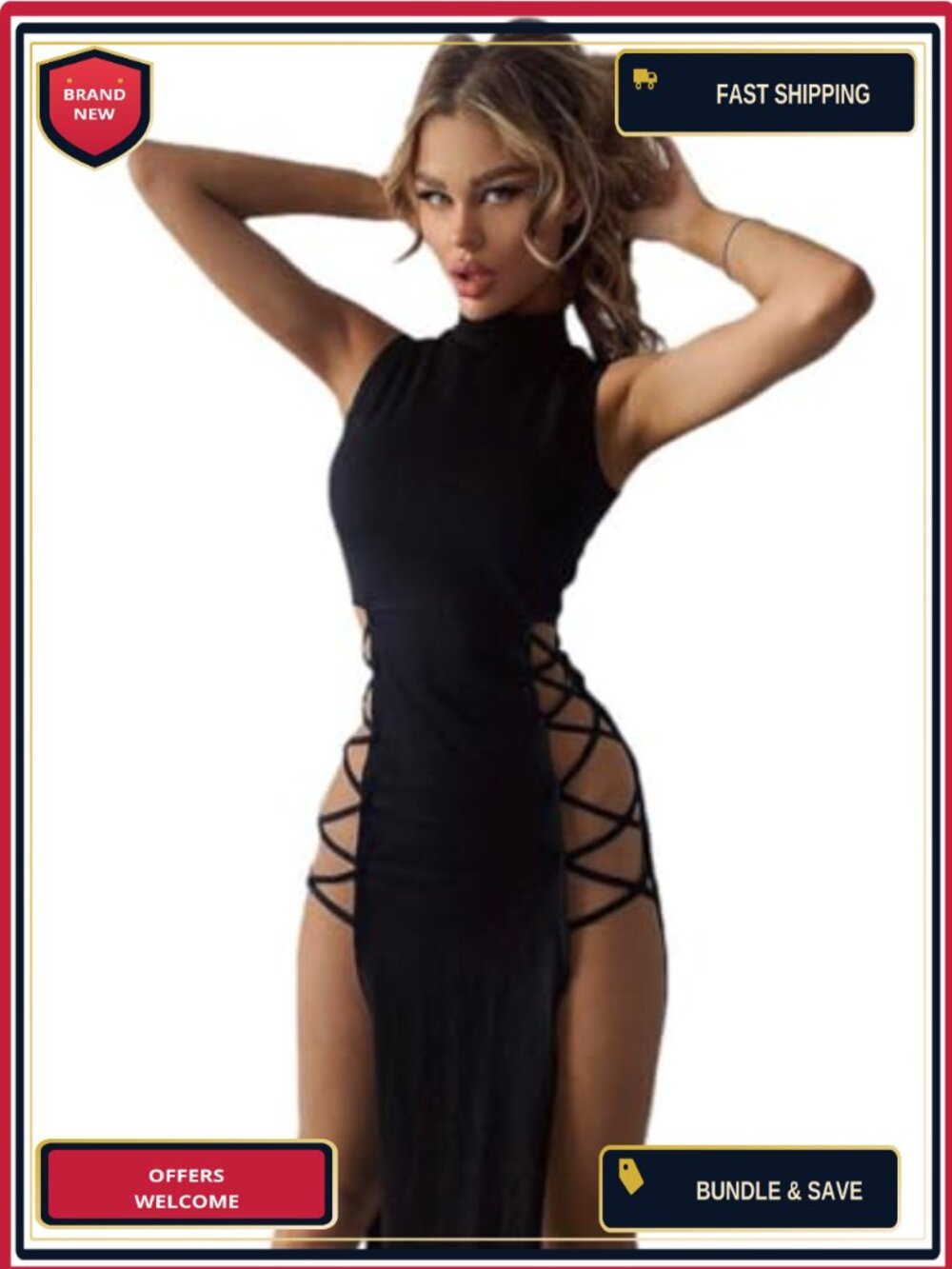 Womens Sleeveless High Slit Bodycon Dress Mock Neck Backless Midi Clubwear